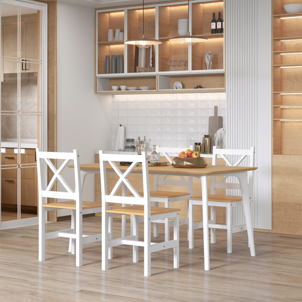 Lot de 4 chaises en bois massif style campagne, blanc et chêne