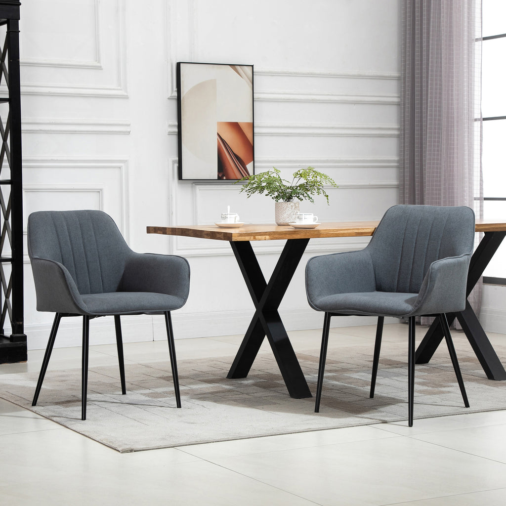 Lot de 2 chaises scandinaves en lin gris foncé, pieds effilés en métal noir