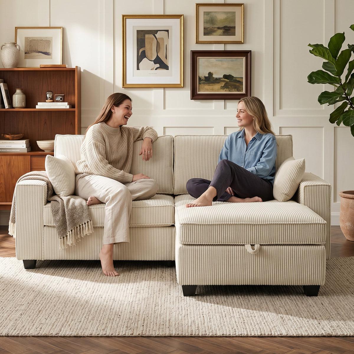 Canapé d'angle 3 places en velours côtelé beige avec pouf de rangement