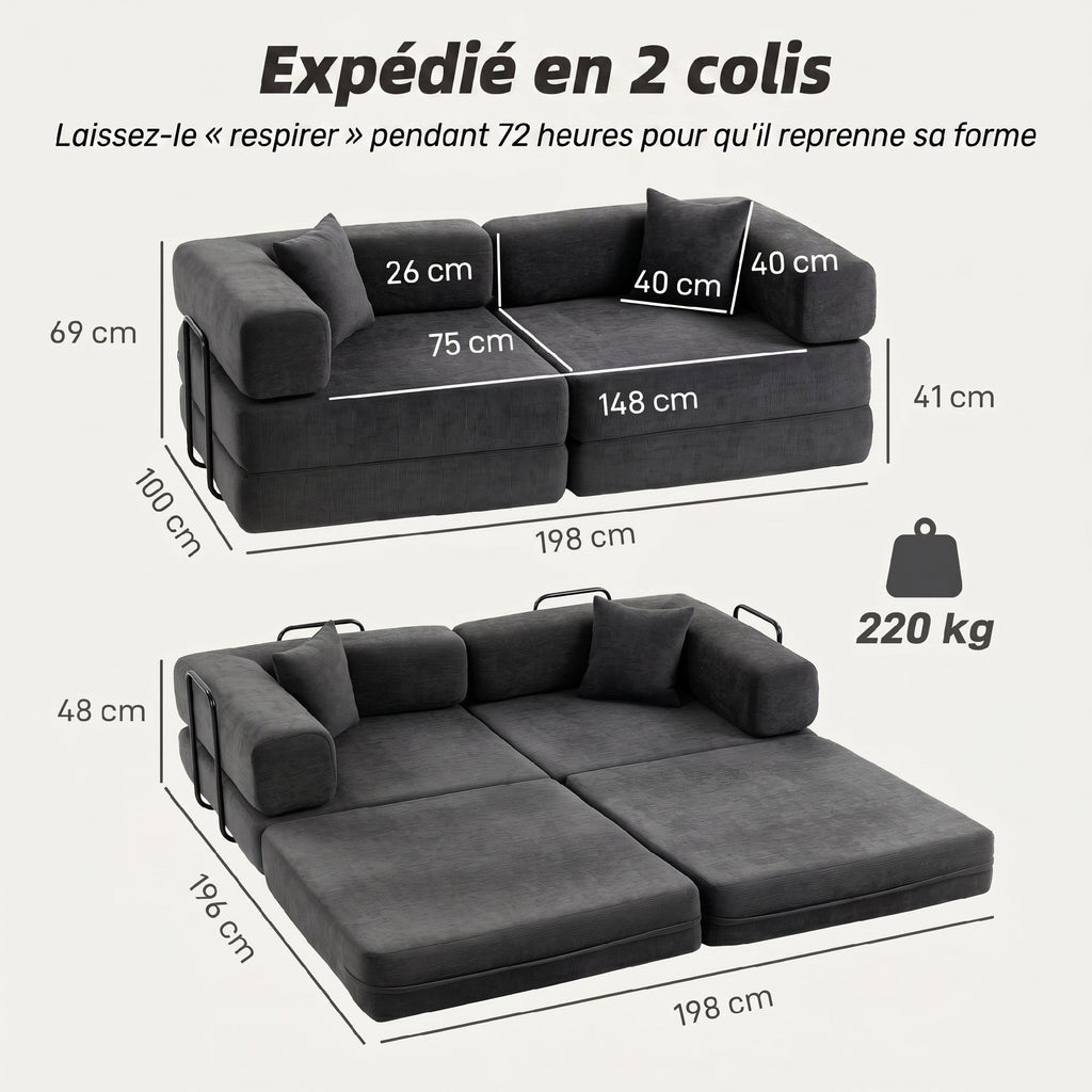 Canapé convertible 2 places 5 en 1 en chenille gris foncé, 198 cm