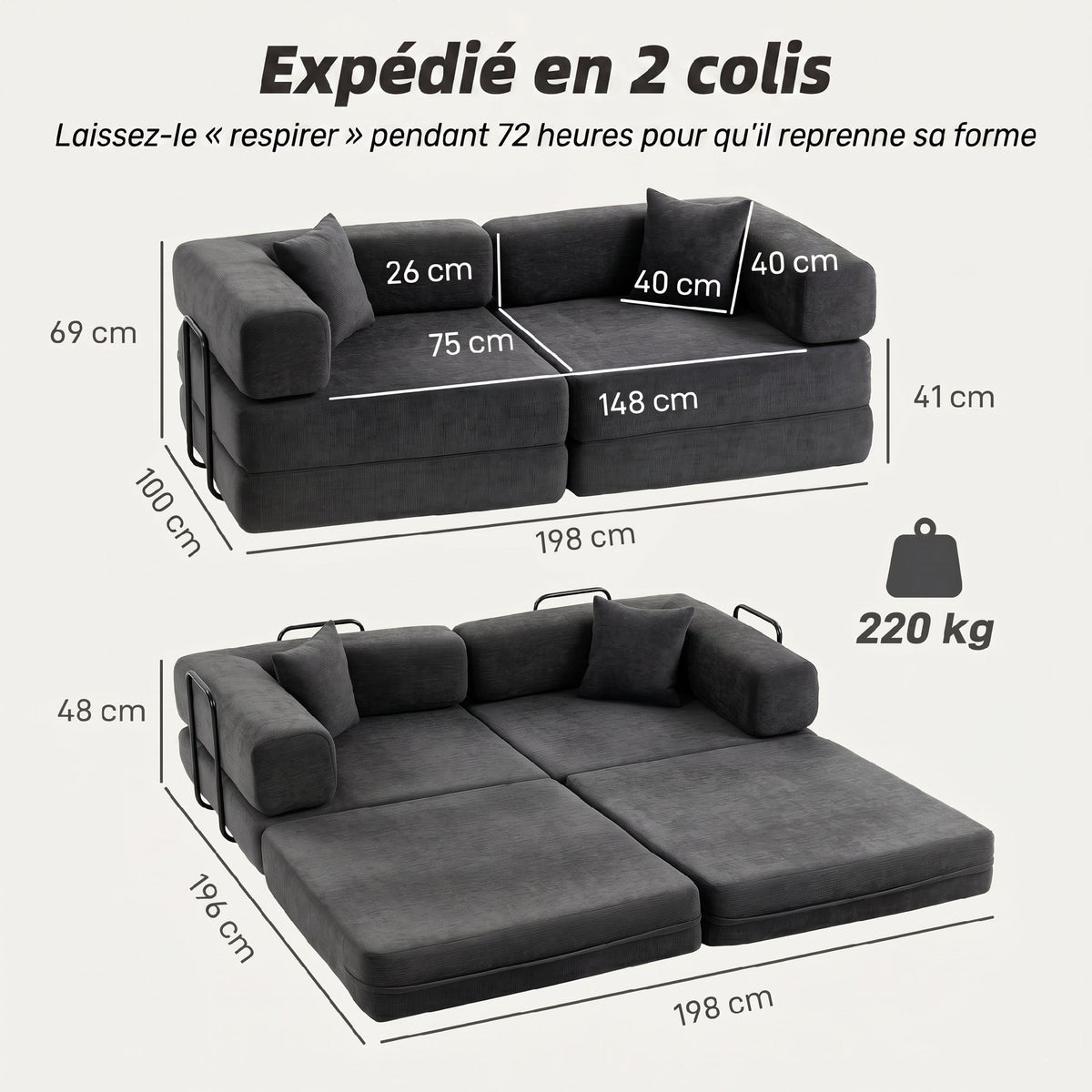 Canapé convertible 2 places 5 en 1 en chenille gris foncé, 198 cm