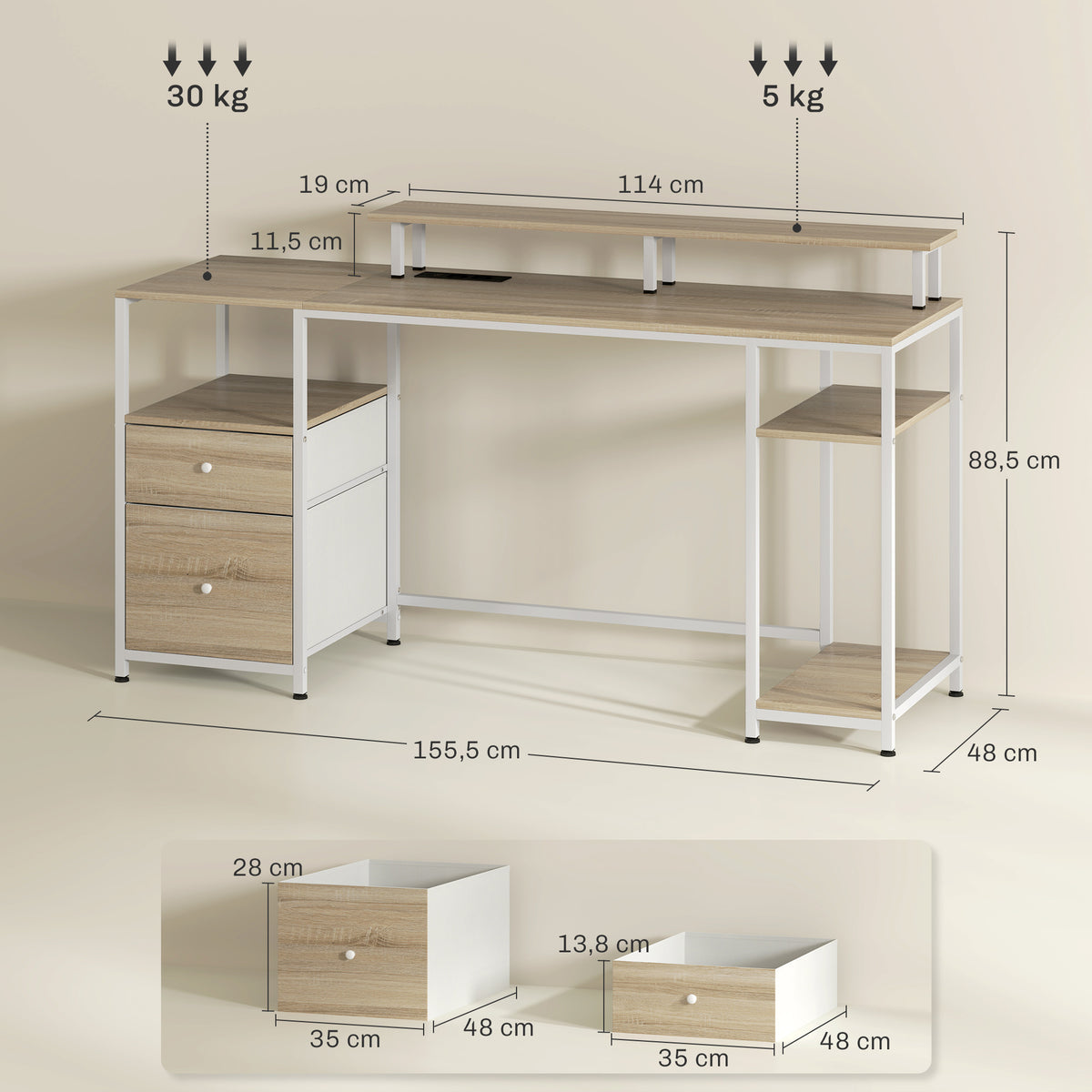 Bureau d'ordinateur bureau lumières LED réglables 2 prises ports USB tiroirs étagères 155,5x48x88,5cm effet bois naturel