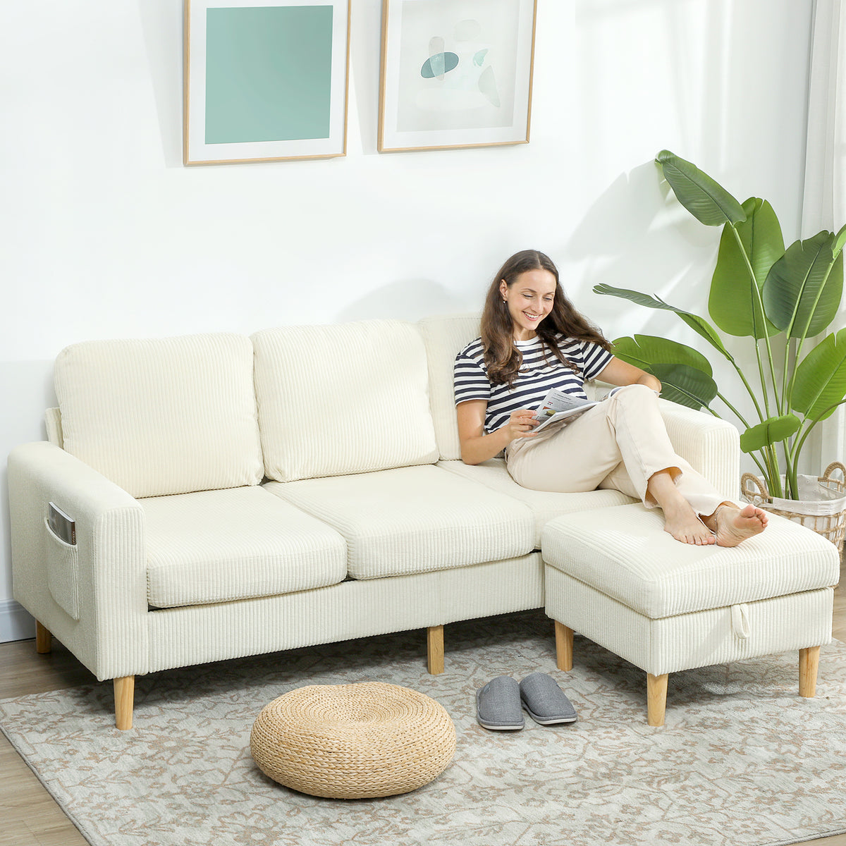Canapé 3 places en velours côtelé beige avec repose-pieds, 192 cm