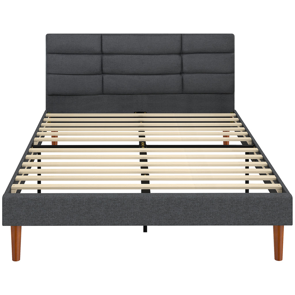 Lit double 140 x 200 cm effet lin gris, avec rangement sous le lit