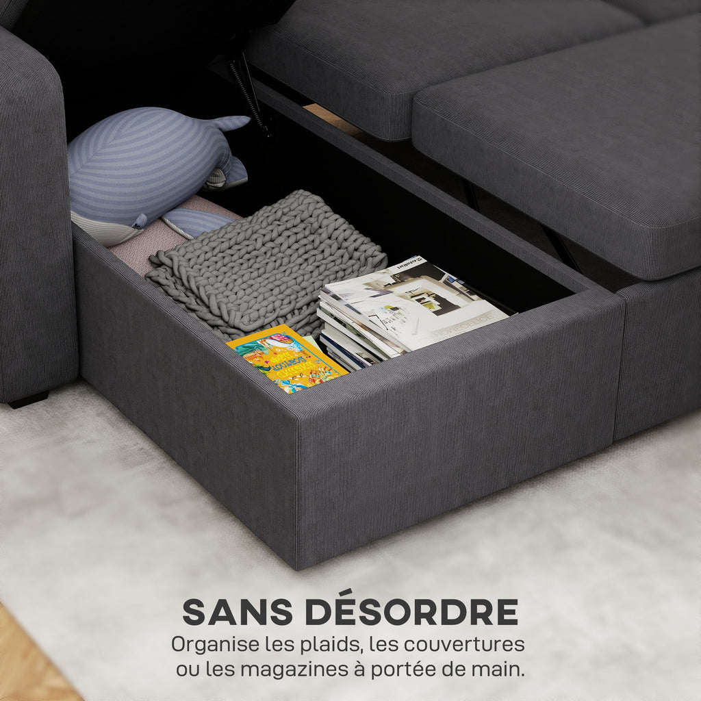 Canapé d'angle convertible 3 places en velours côtelé gris, 205 cm