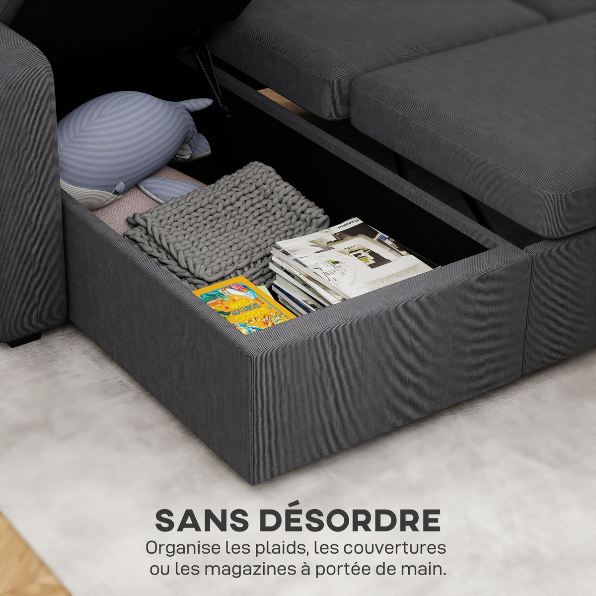 Canapé d'angle convertible 3 places en velours côtelé gris, 205 cm