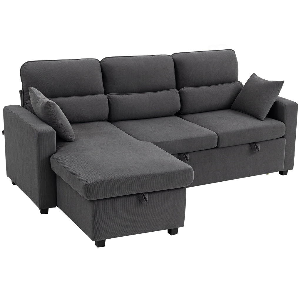 Canapé d'angle convertible 3 places en velours côtelé gris, 205 cm