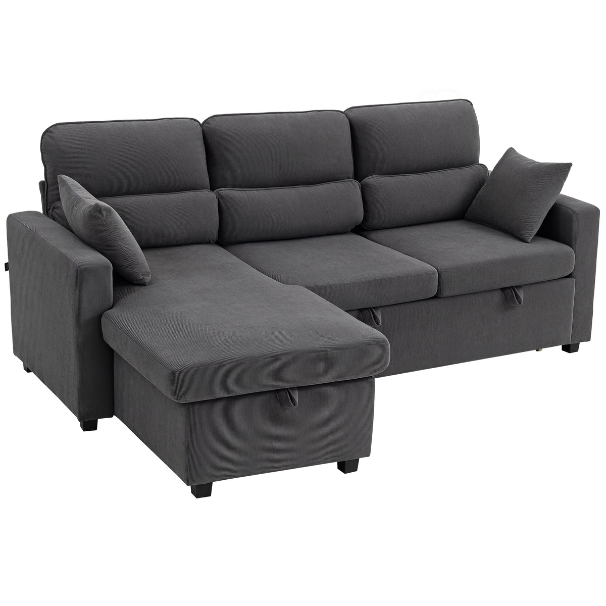 Canapé d'angle convertible 3 places en velours côtelé gris, 205 cm