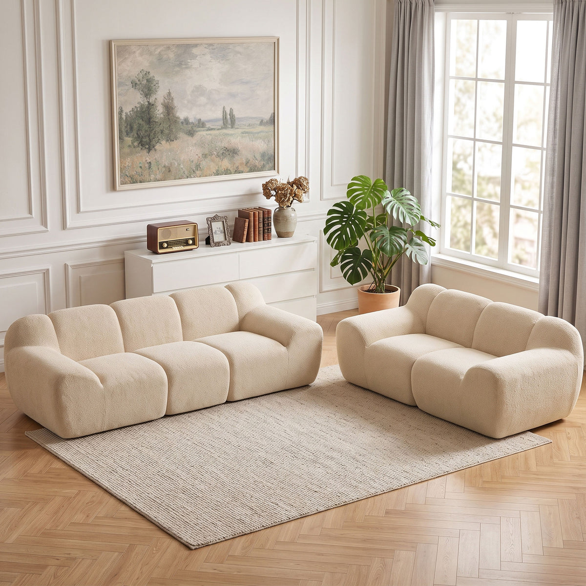 Canapé 3 places en chenille beige, forme nuage, 233 cm