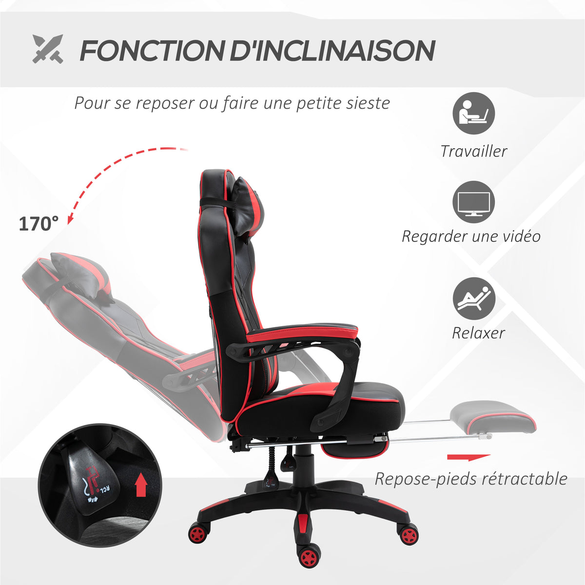 Chaise gaming ergonomique noir et rouge, repose-pieds et coussins inclus