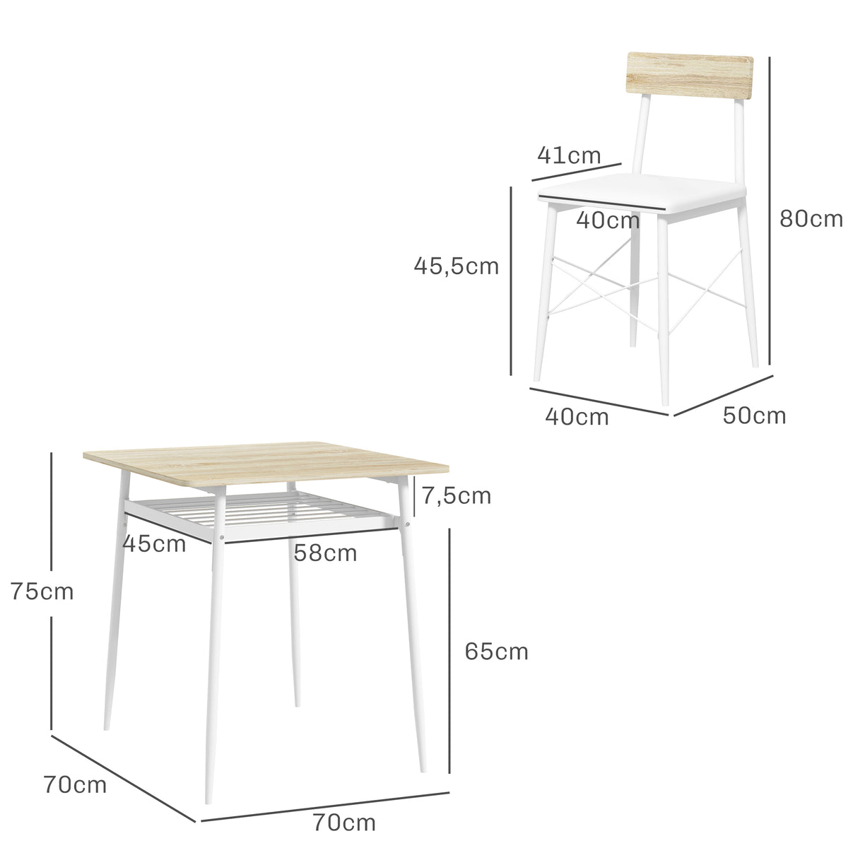 Ensemble table et 2 chaises encastrables, blanc et chêne