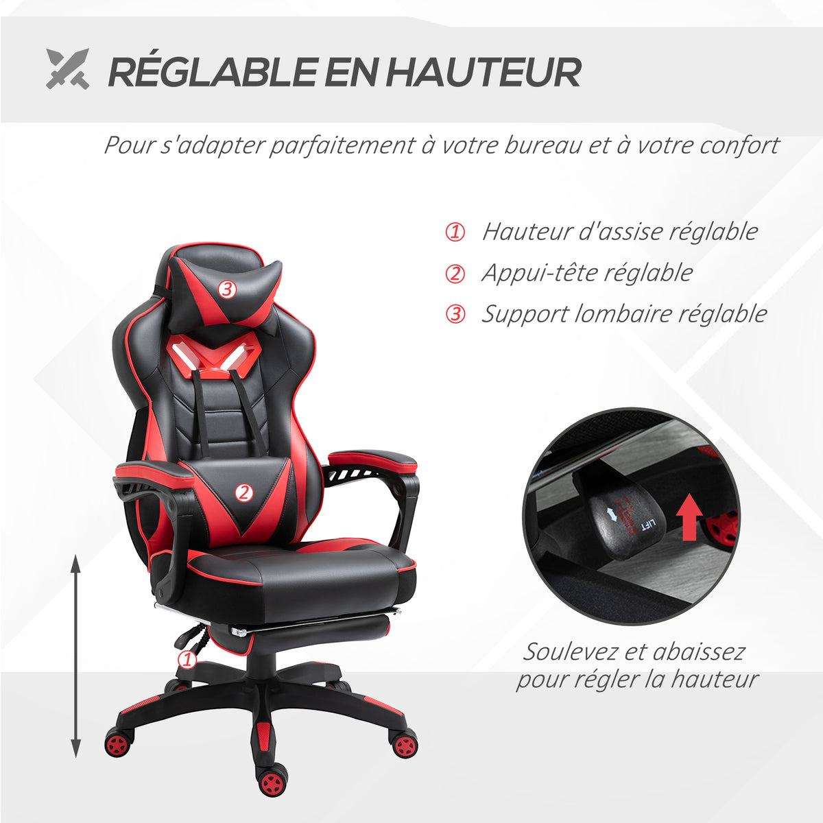 Chaise gaming ergonomique noir et rouge, repose-pieds et coussins inclus