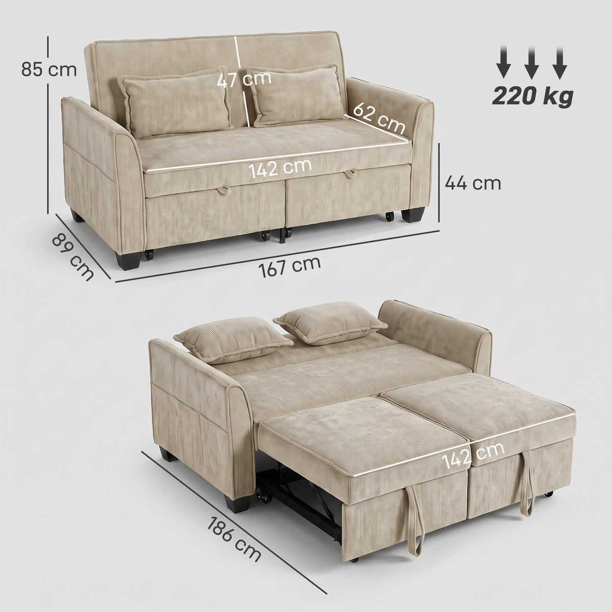 Canapé convertible 4 en 1 en chenille marron, 167 cm