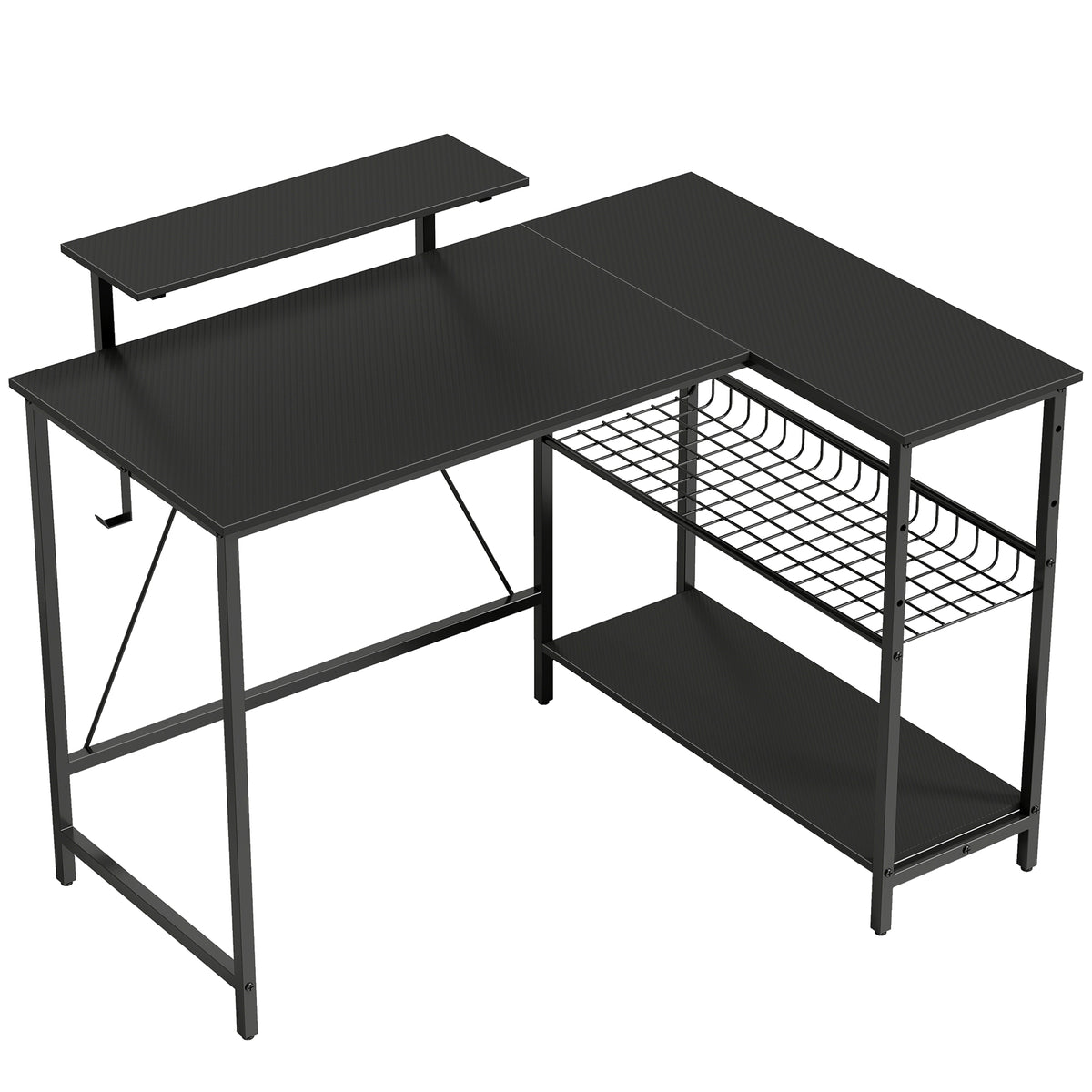 Bureau gaming d'angle réversible avec support écran, 114,5 cm, noir