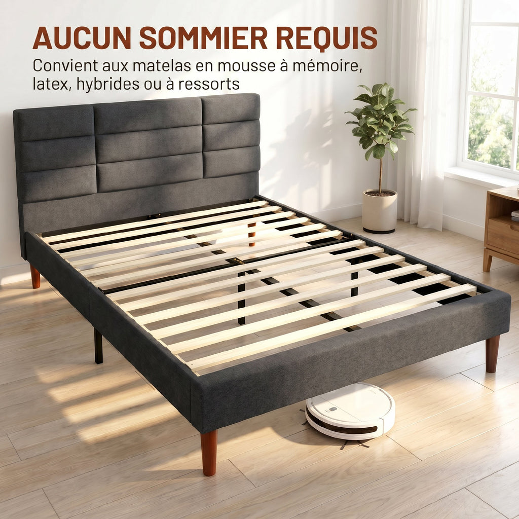 Lit double 140 x 200 cm effet lin gris, avec rangement sous le lit