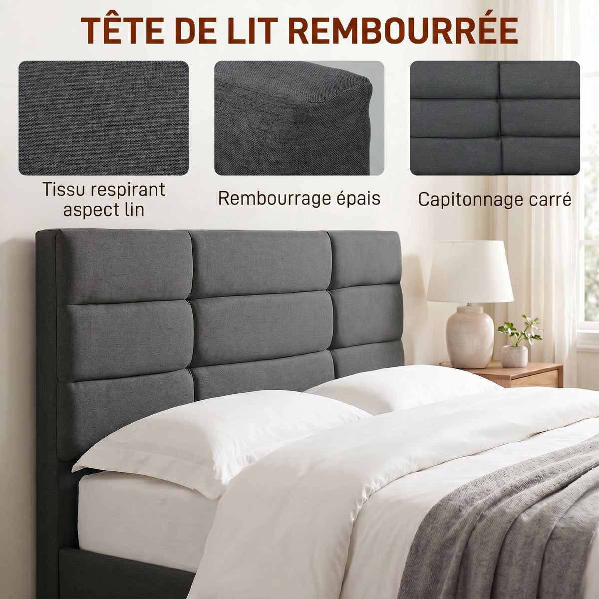 Lit double 140 x 200 cm effet lin gris, avec rangement sous le lit
