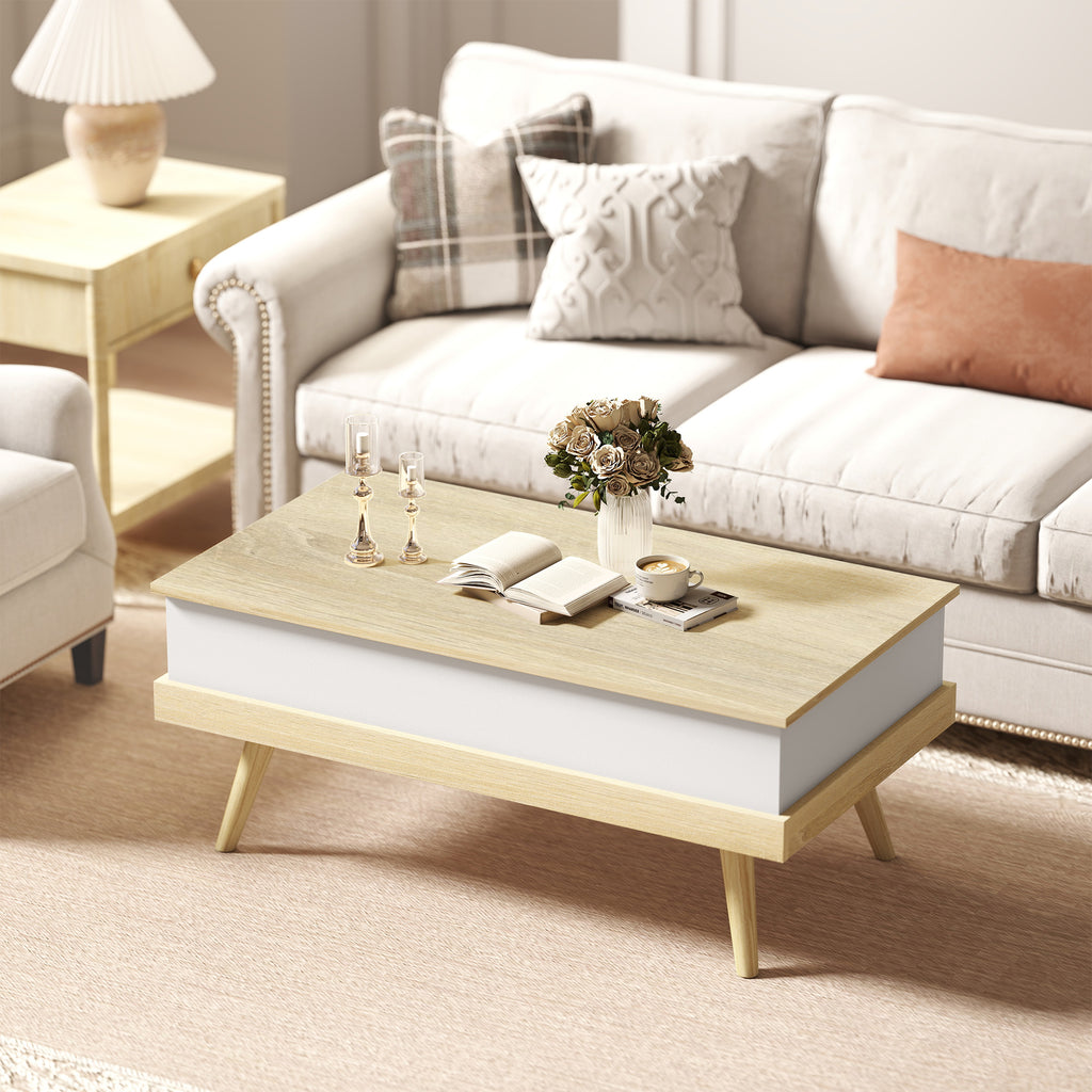 Table basse relevable avec 3 compartiments cachés, naturel et blanc
