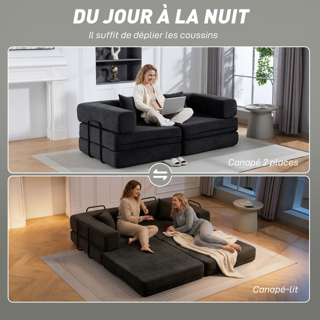 Canapé convertible 2 places 5 en 1 en chenille gris foncé, 198 cm