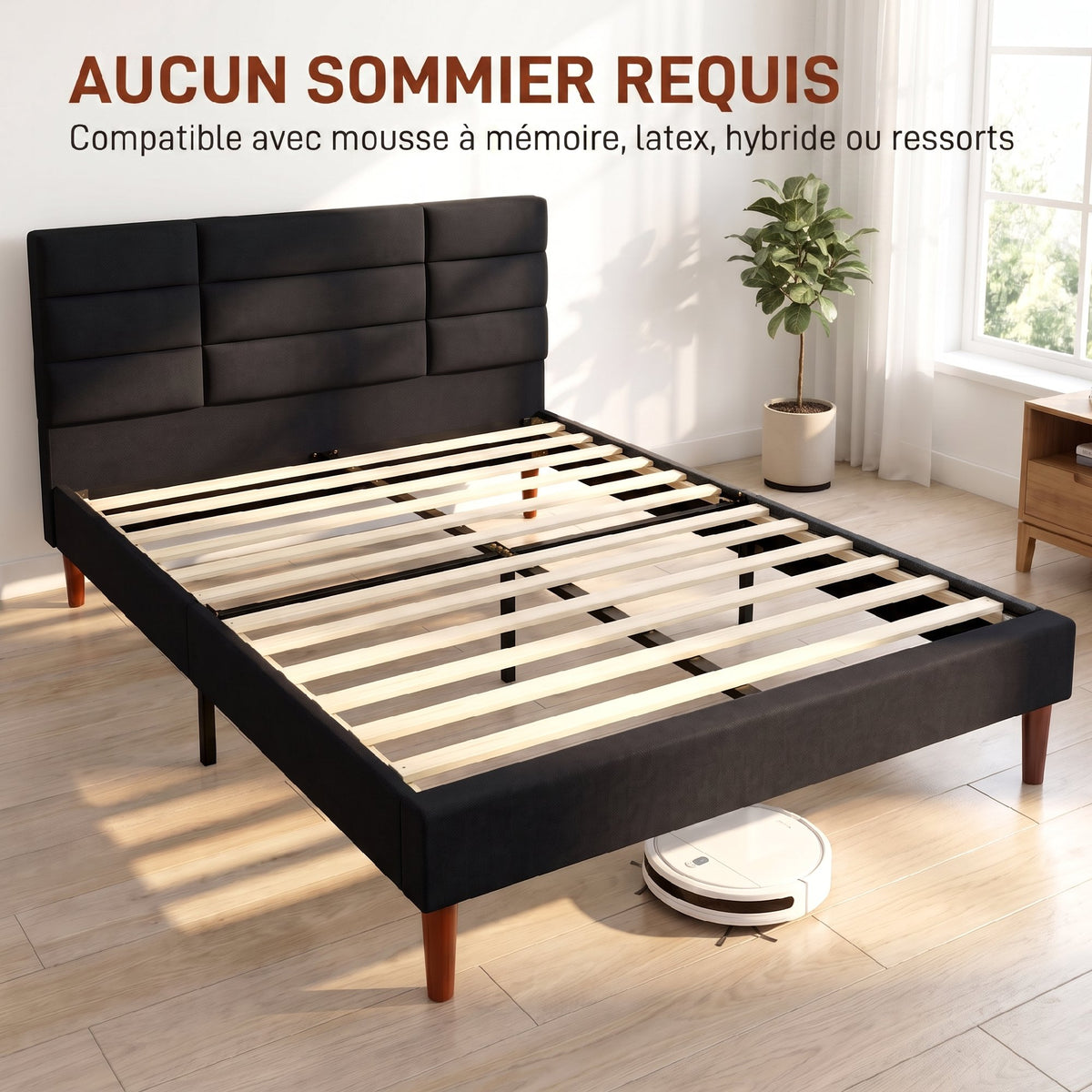Lit double 140 x 200 cm effet lin noir, avec rangement sous le lit