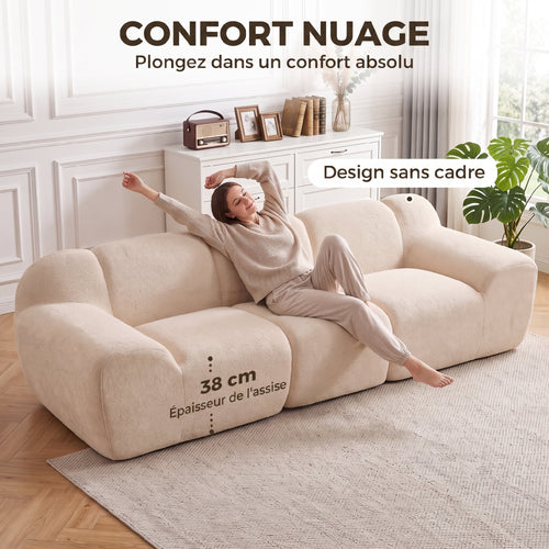 Canapé 3 places en chenille beige, forme nuage, 233 cm