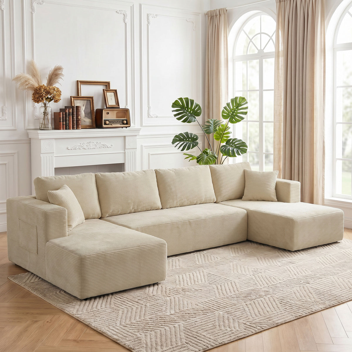 Canapé modulaire en U convertible 4 places en velours côtelé crème, 337 cm