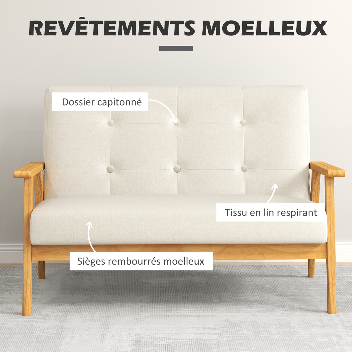Canapé 2 places scandinave beige, dossier capitonné, 115 cm