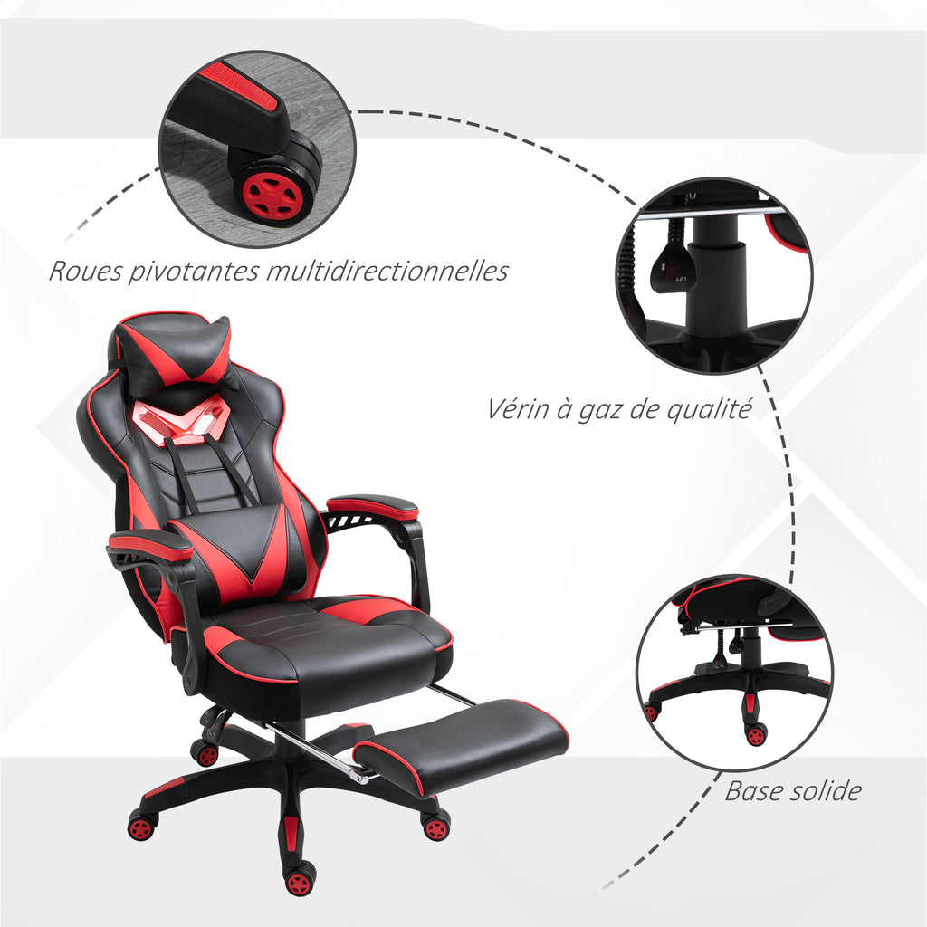 Chaise gaming ergonomique noir et rouge, repose-pieds et coussins inclus