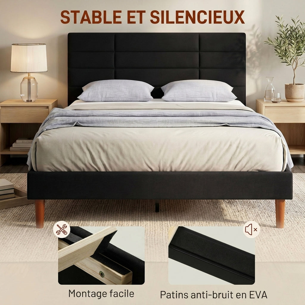Lit double 140 x 200 cm effet lin noir, avec rangement sous le lit