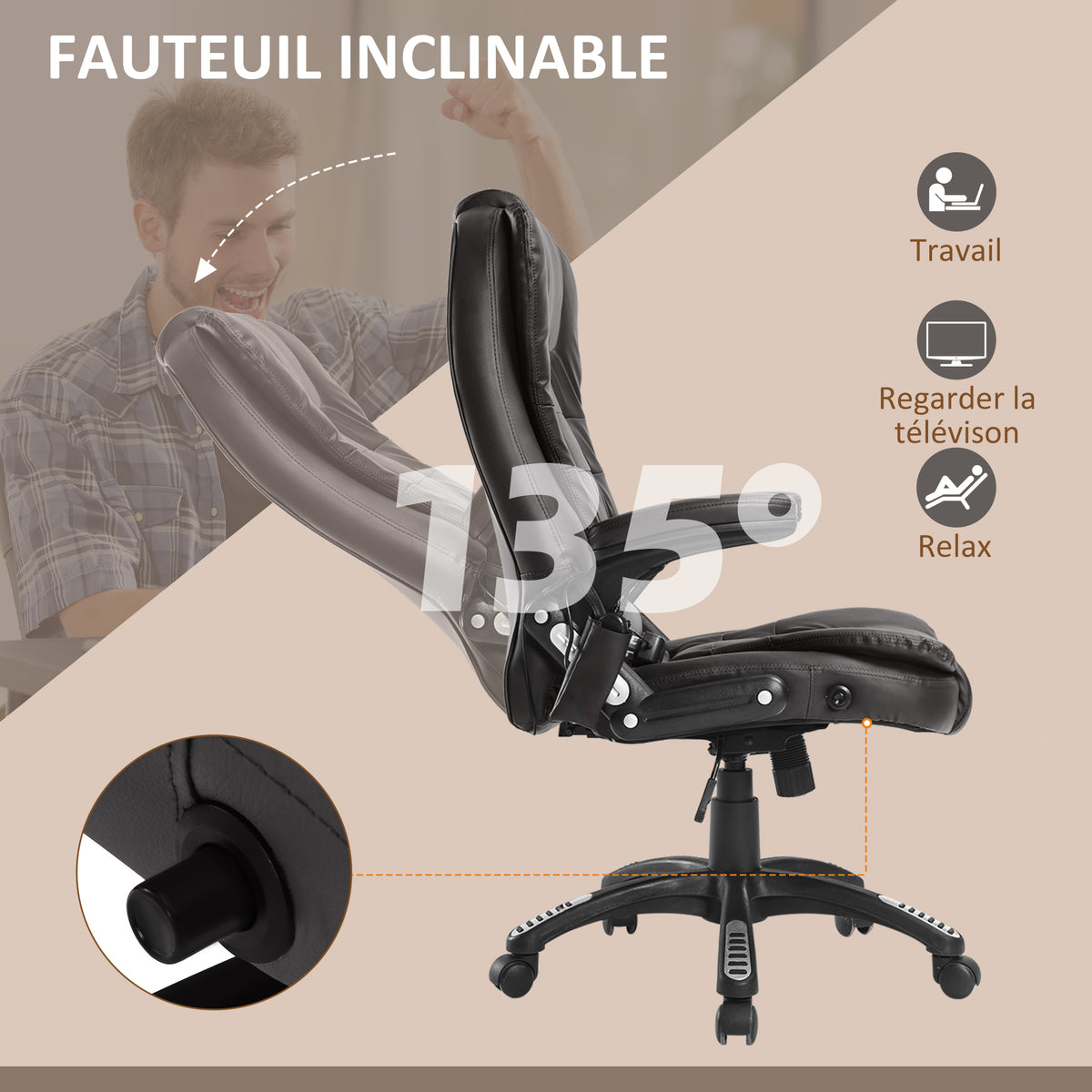 Fauteuil de bureau massant et chauffant électrique fauteuil bureau ergonomique revêtement synthétique brun