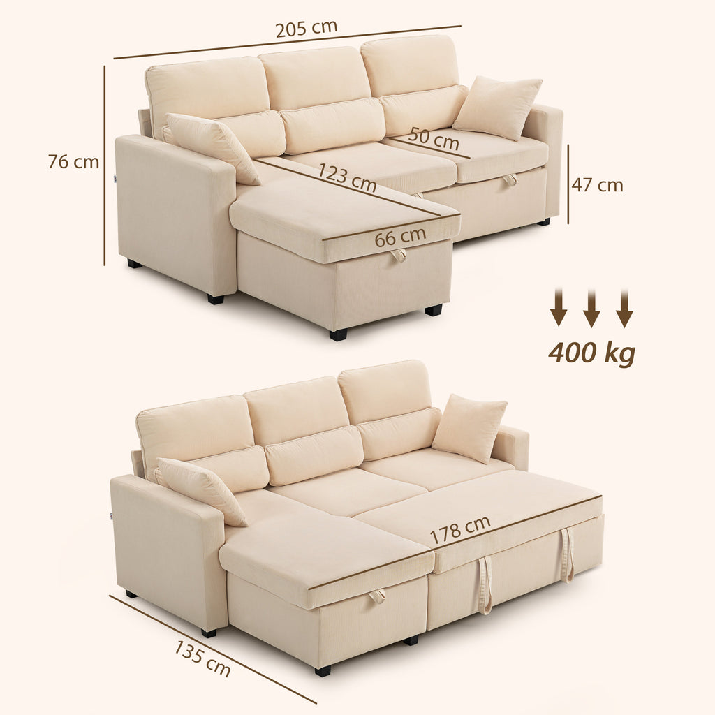 Canapé d'angle convertible 3 places en velours côtelé beige, 205 cm