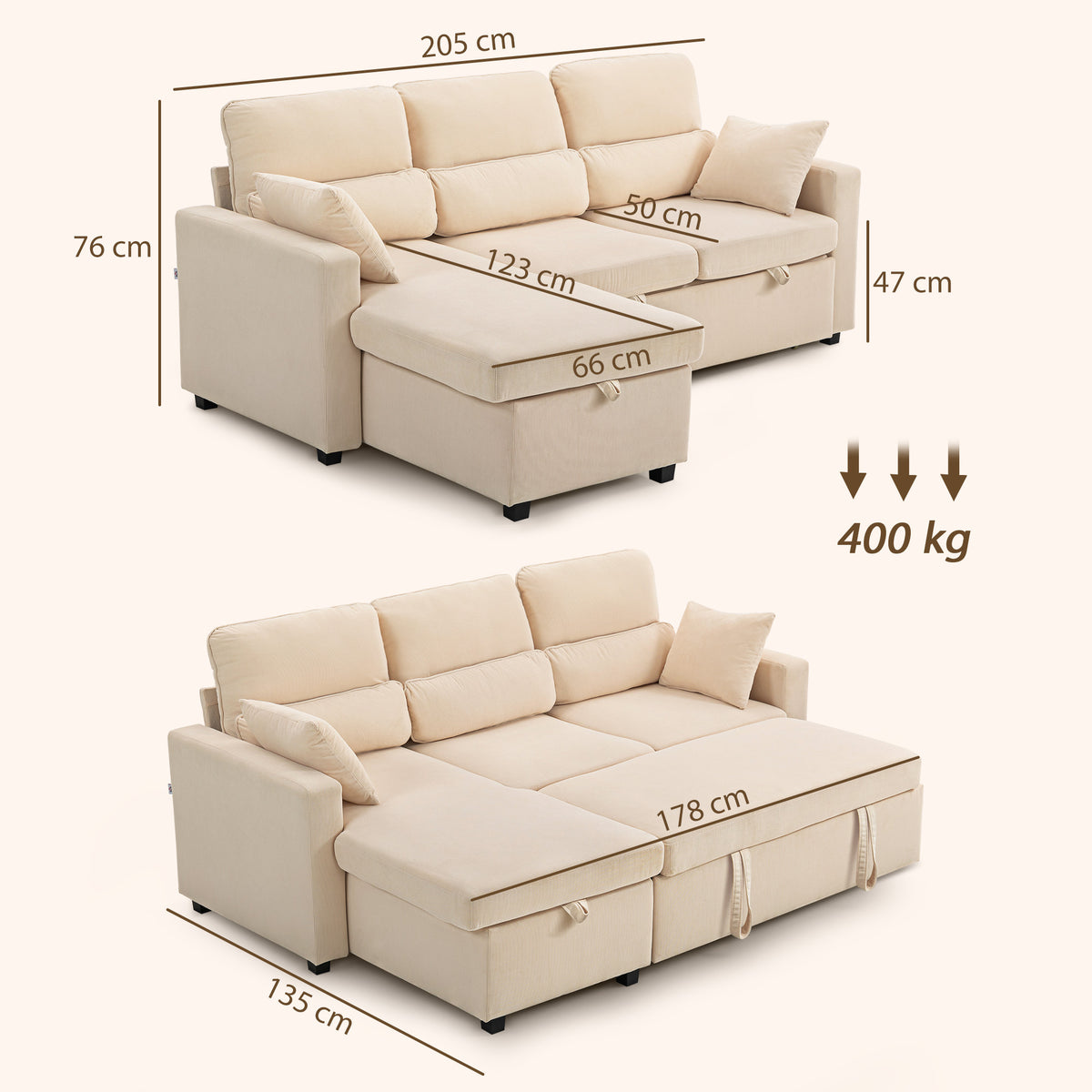 Canapé d'angle convertible 3 places en velours côtelé beige, 205 cm