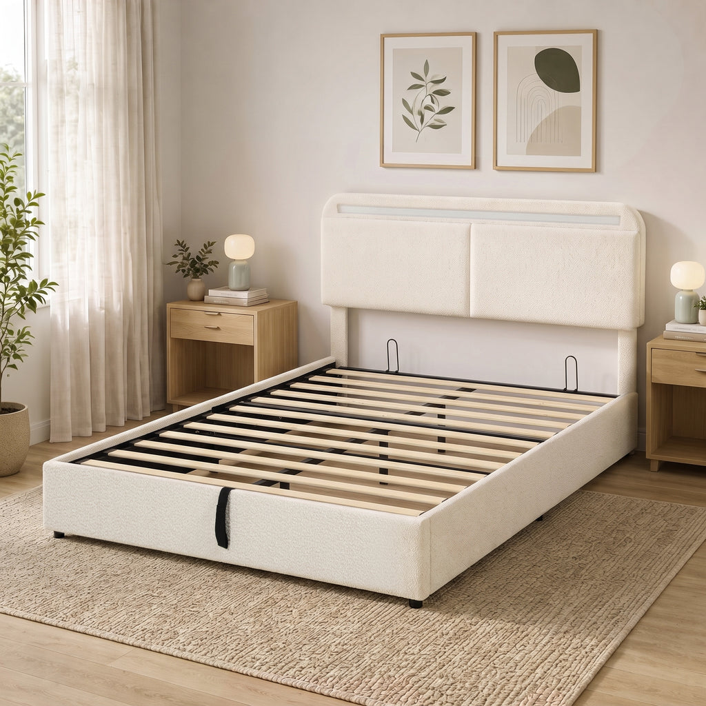 Lit coffre 140 x 190 cm en velours crème, LED RGB et rangement