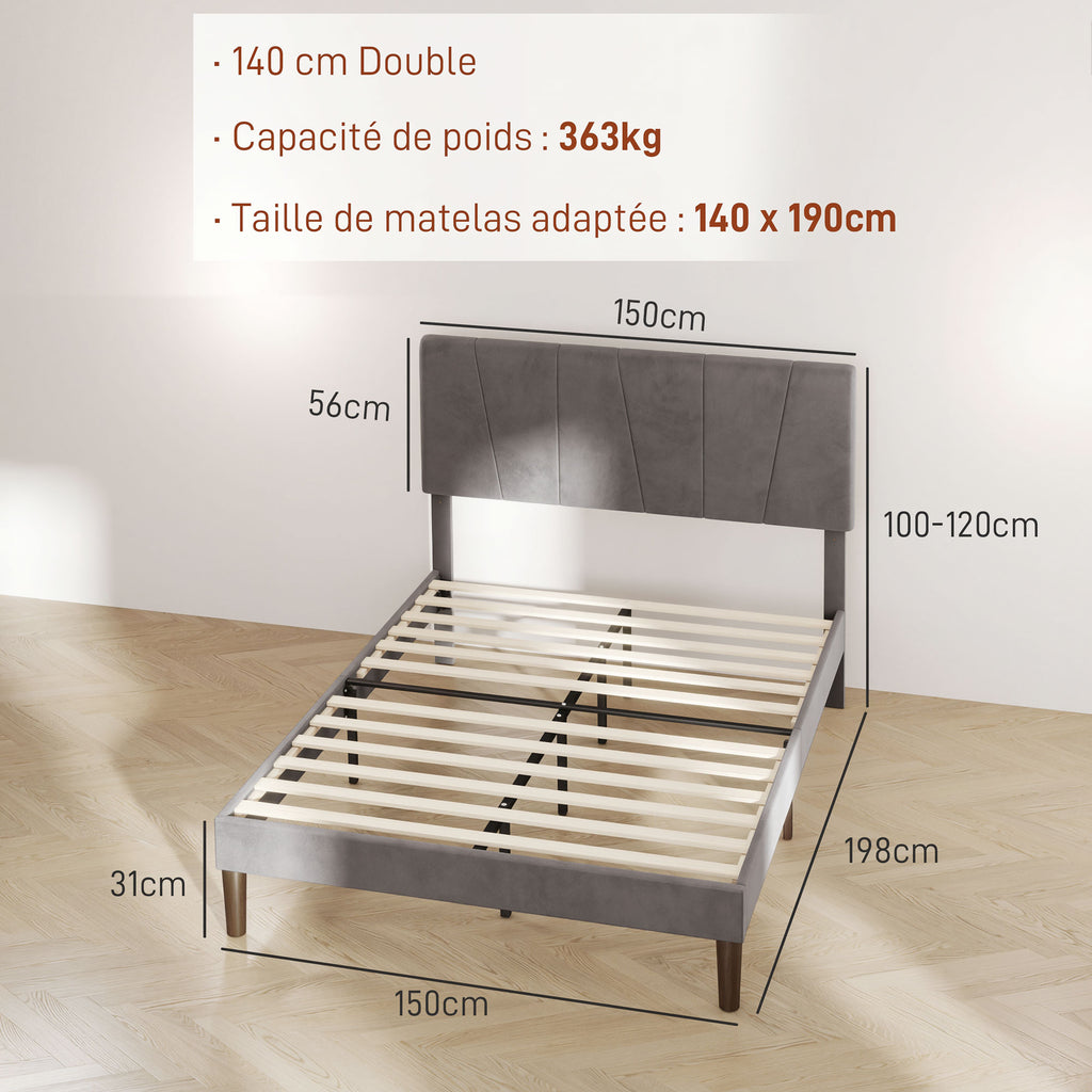 Lit double 140 x 190 cm gris effet velours, tête de lit réglable