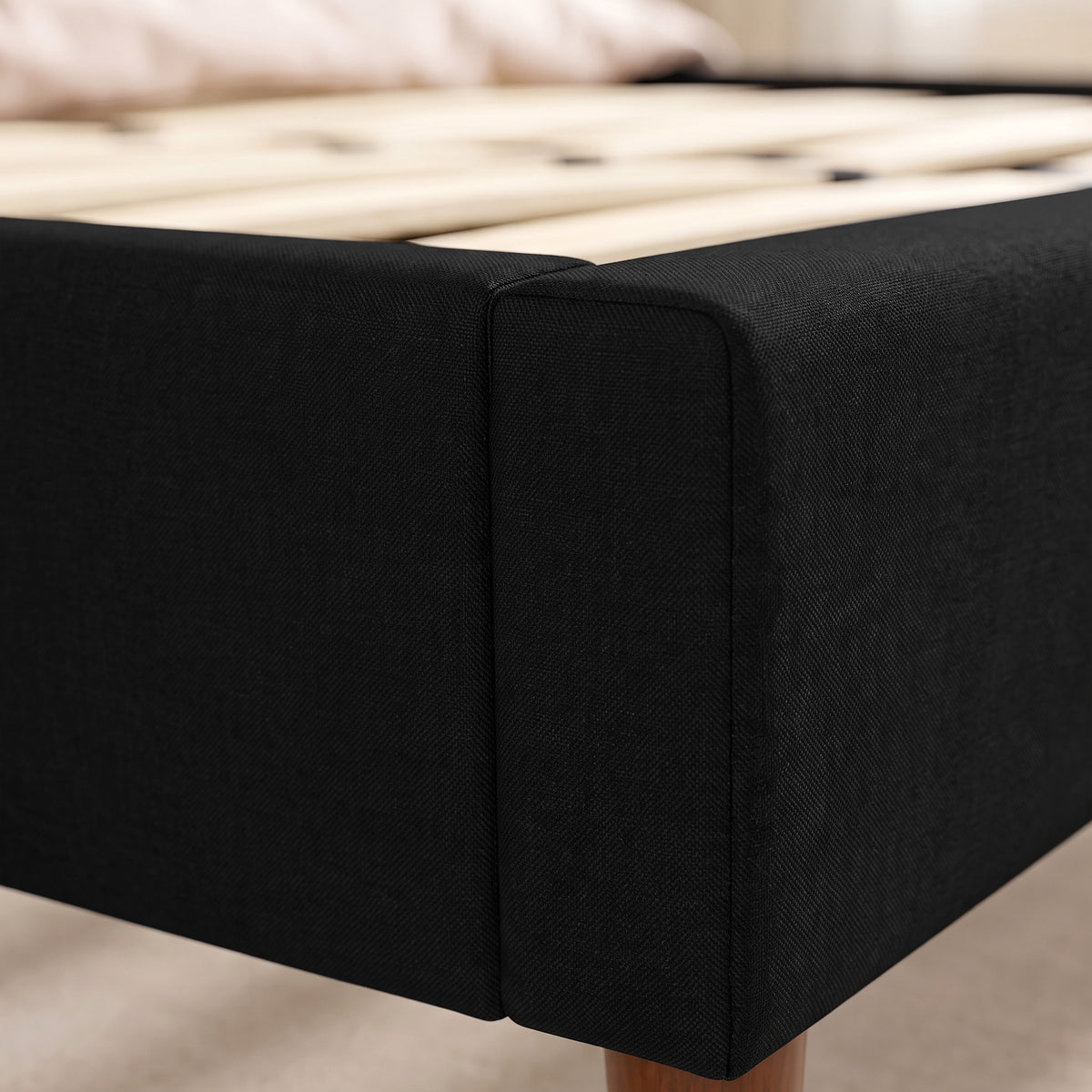 Lit double 140 x 200 cm effet lin noir, avec rangement sous le lit