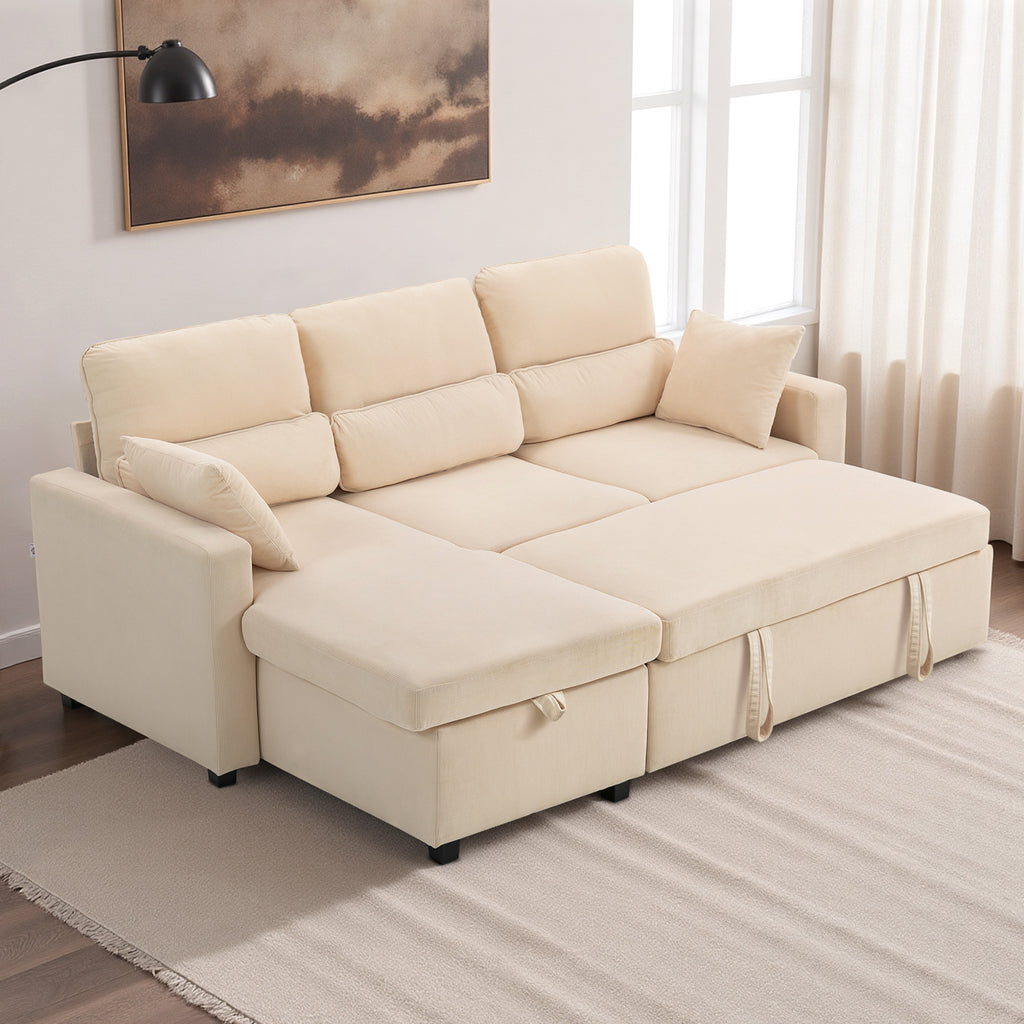 Canapé d'angle convertible 3 places en velours côtelé beige, 205 cm