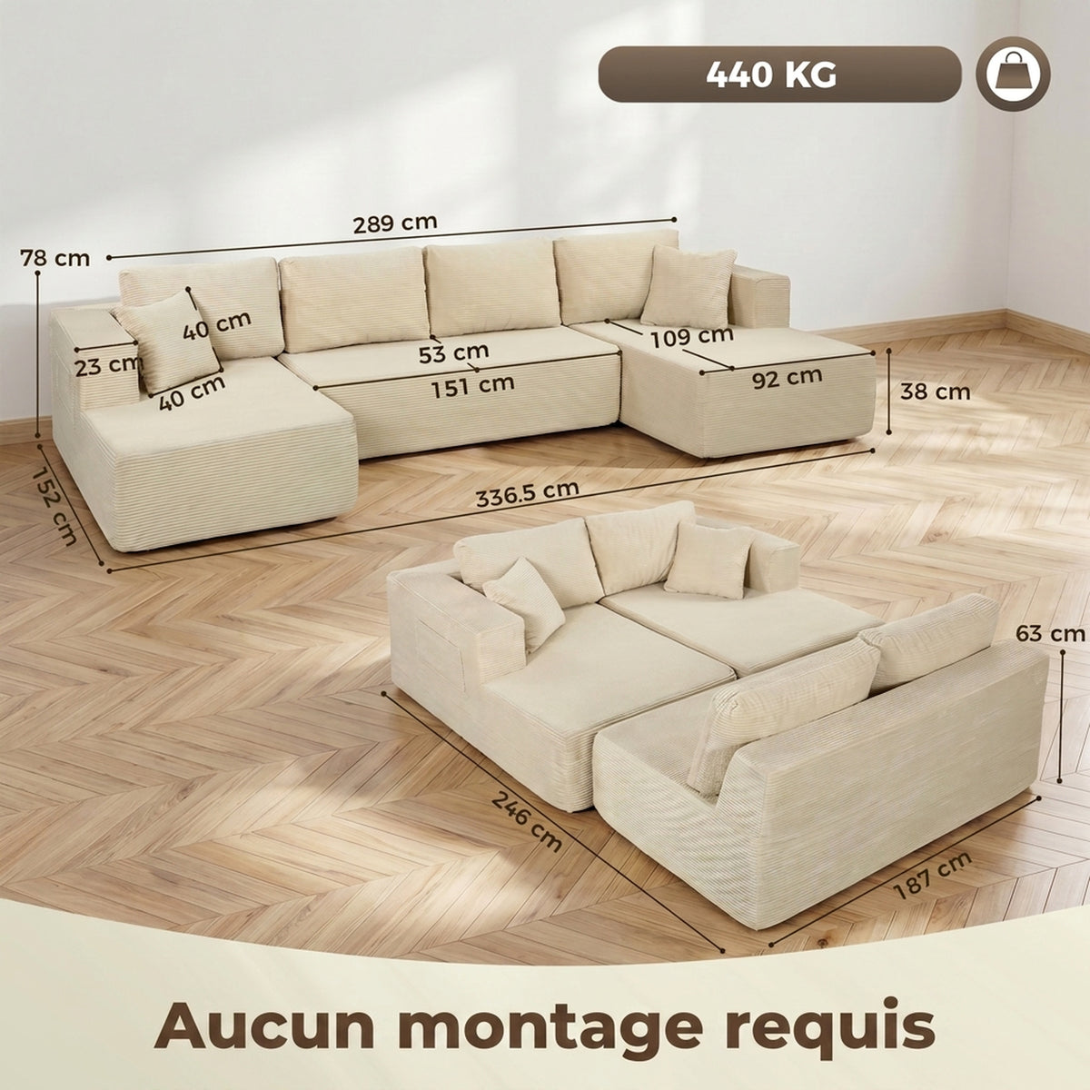 Canapé modulaire en U convertible 4 places en velours côtelé crème, 337 cm