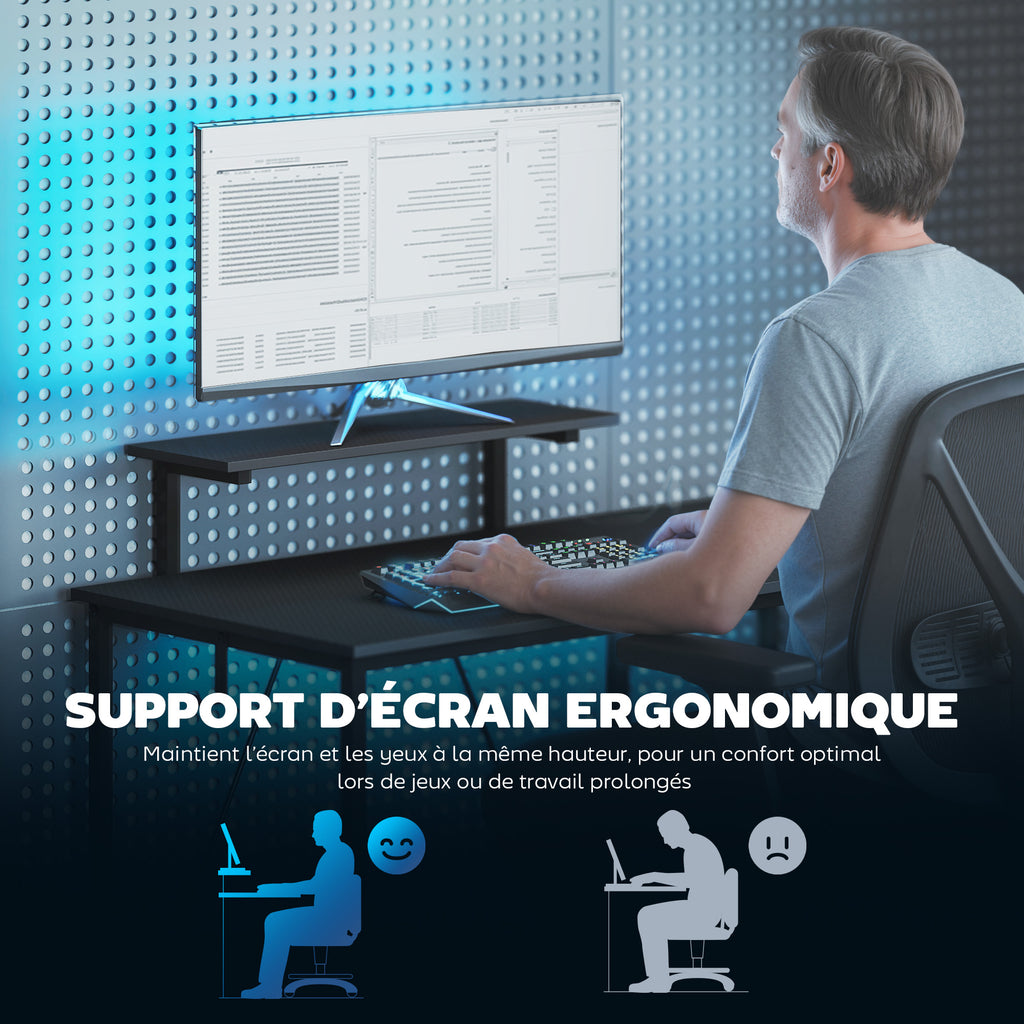 Bureau gaming d'angle réversible avec support écran, 114,5 cm, noir