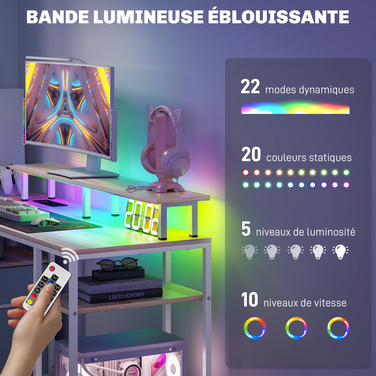 Bureau d'ordinateur bureau lumières LED réglables 2 prises ports USB tiroirs étagères 155,5x48x88,5cm effet bois naturel