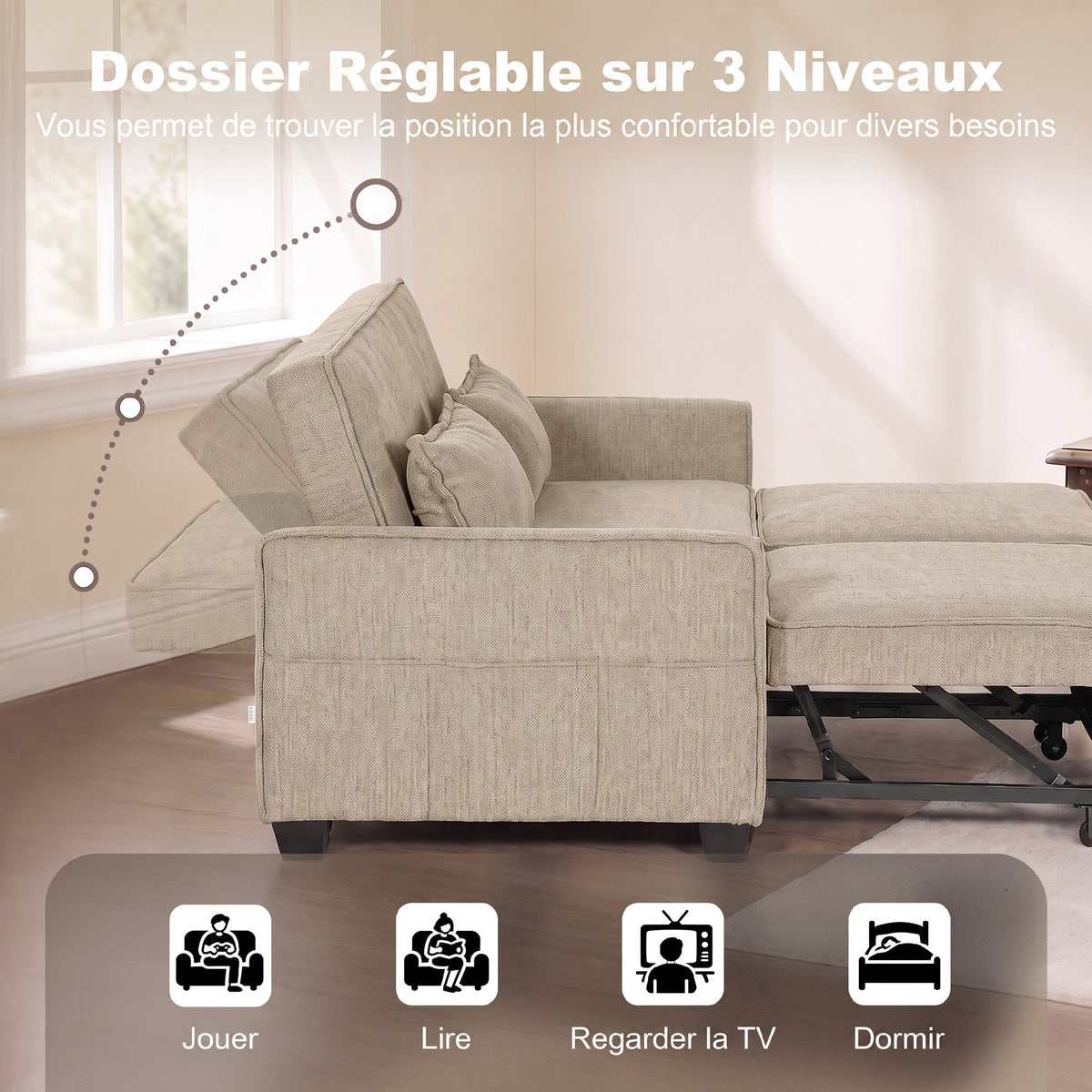 Canapé convertible 4 en 1 en chenille marron, 167 cm
