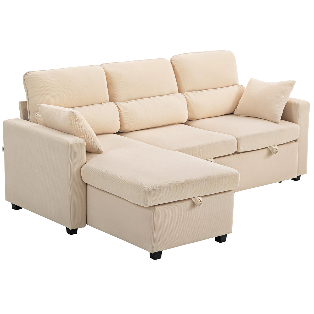 Canapé d'angle convertible 3 places en velours côtelé beige, 205 cm