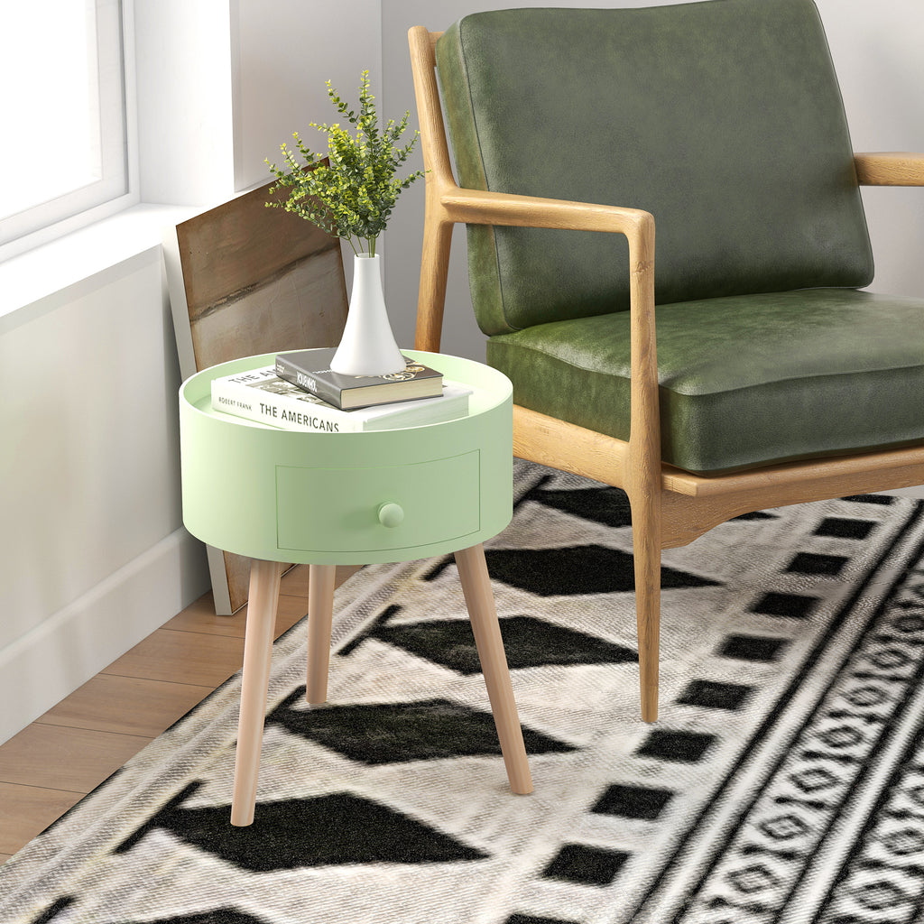 Table basse ronde scandinave chêne clair et blanc avec tiroir