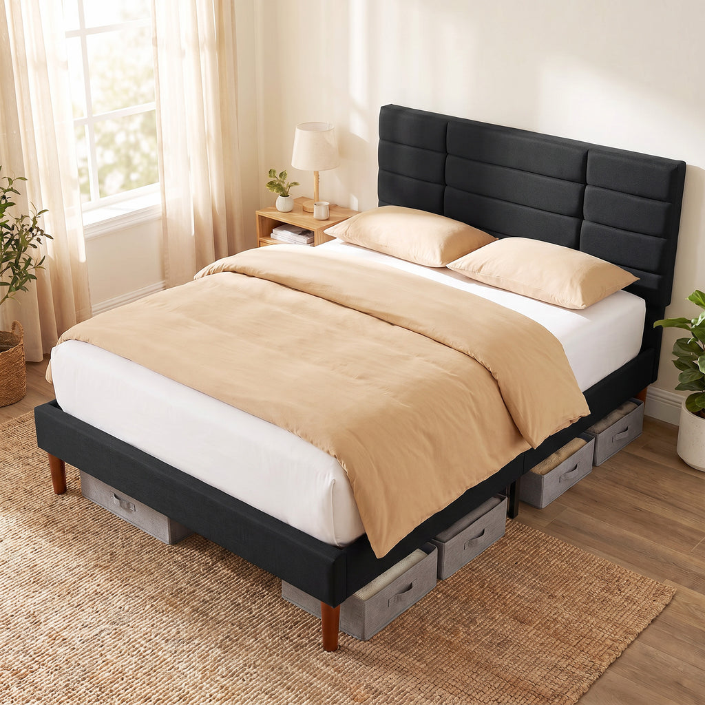 Lit double 140 x 200 cm effet lin noir, avec rangement sous le lit