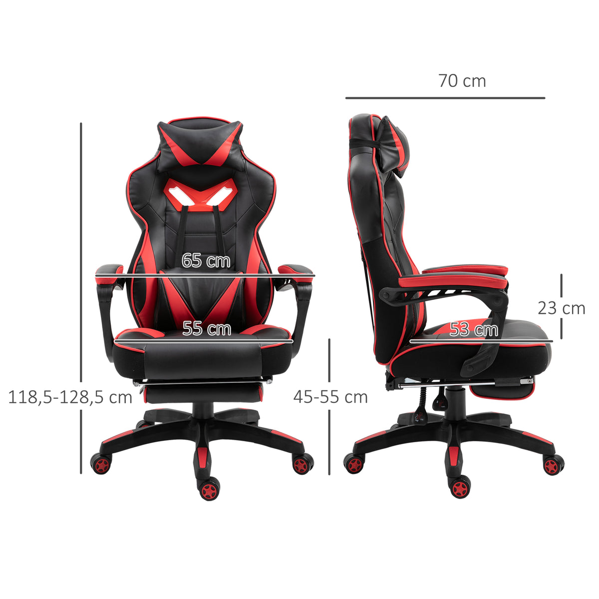 Chaise gaming ergonomique noir et rouge, repose-pieds et coussins inclus