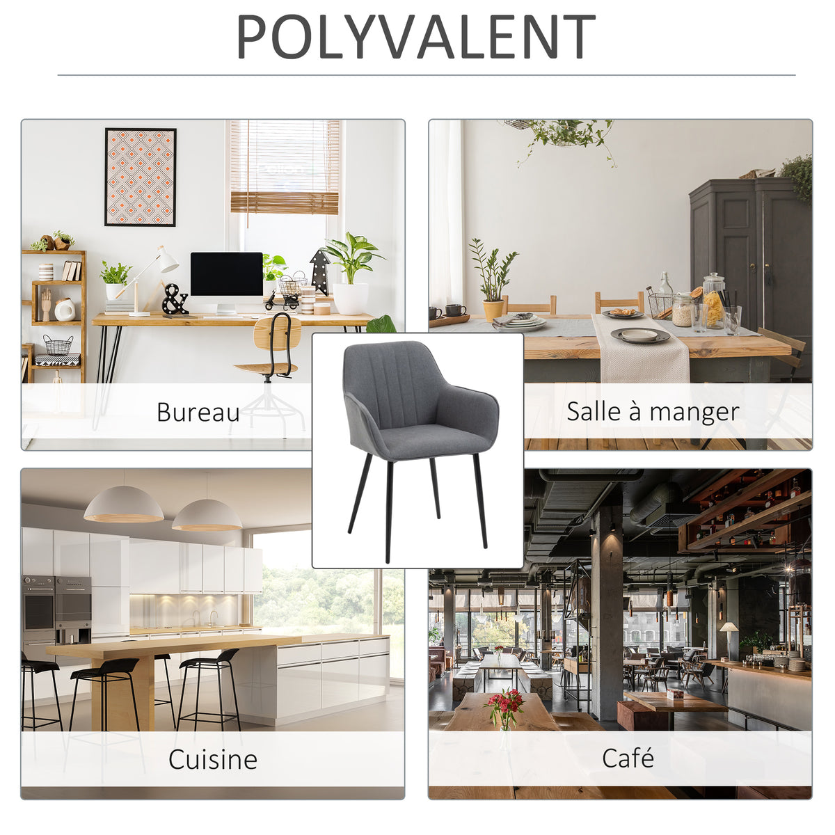 Lot de 2 chaises scandinaves en lin gris foncé, pieds effilés en métal noir