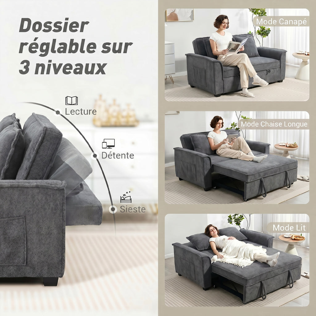 Canapé clic-clac convertible 2 places en chenille gris, poche latérale