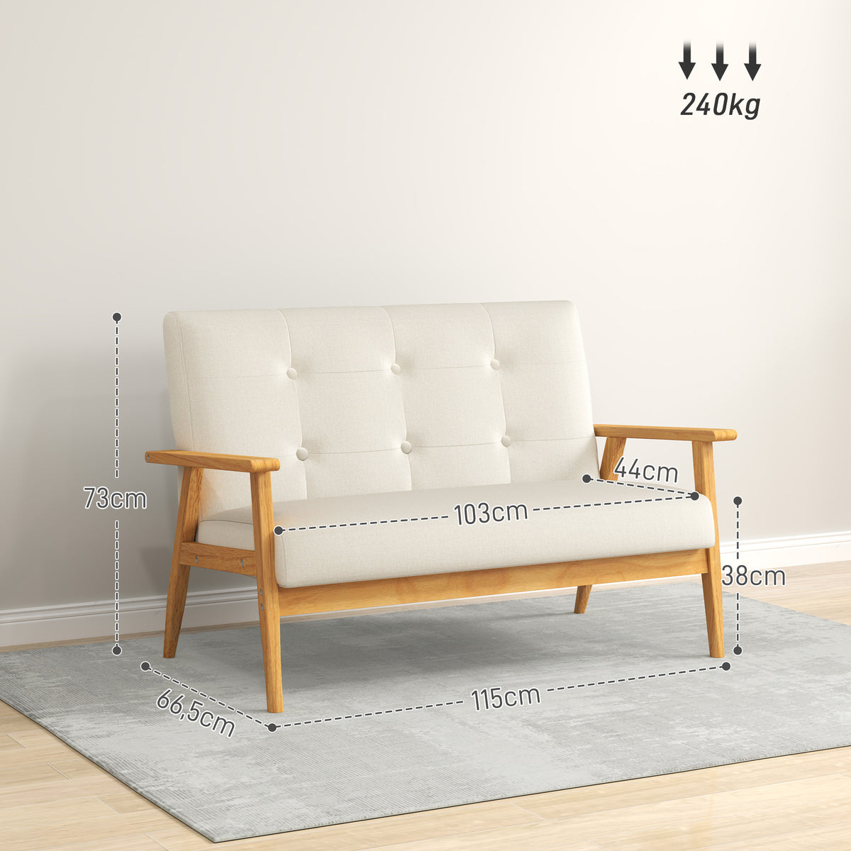 Canapé 2 places scandinave beige, dossier capitonné, 115 cm