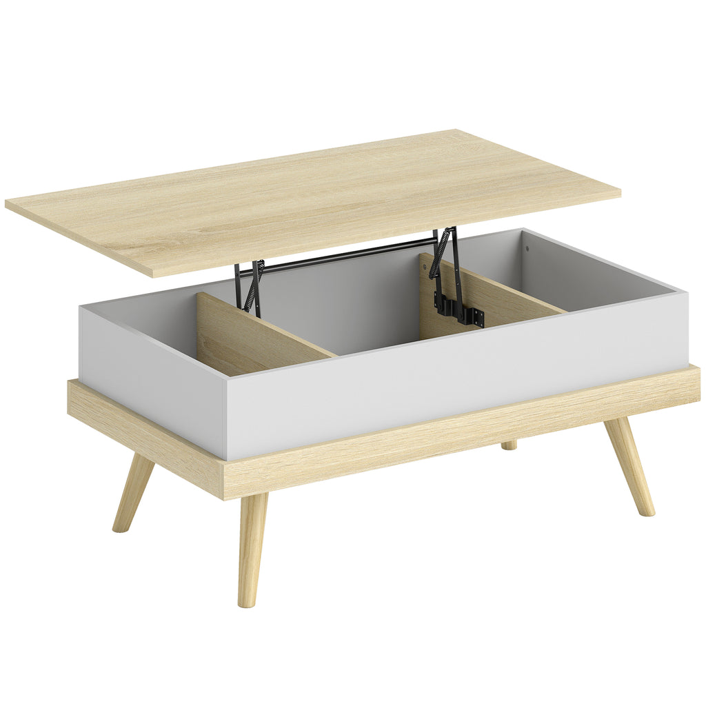 Table basse relevable avec 3 compartiments cachés, naturel et blanc