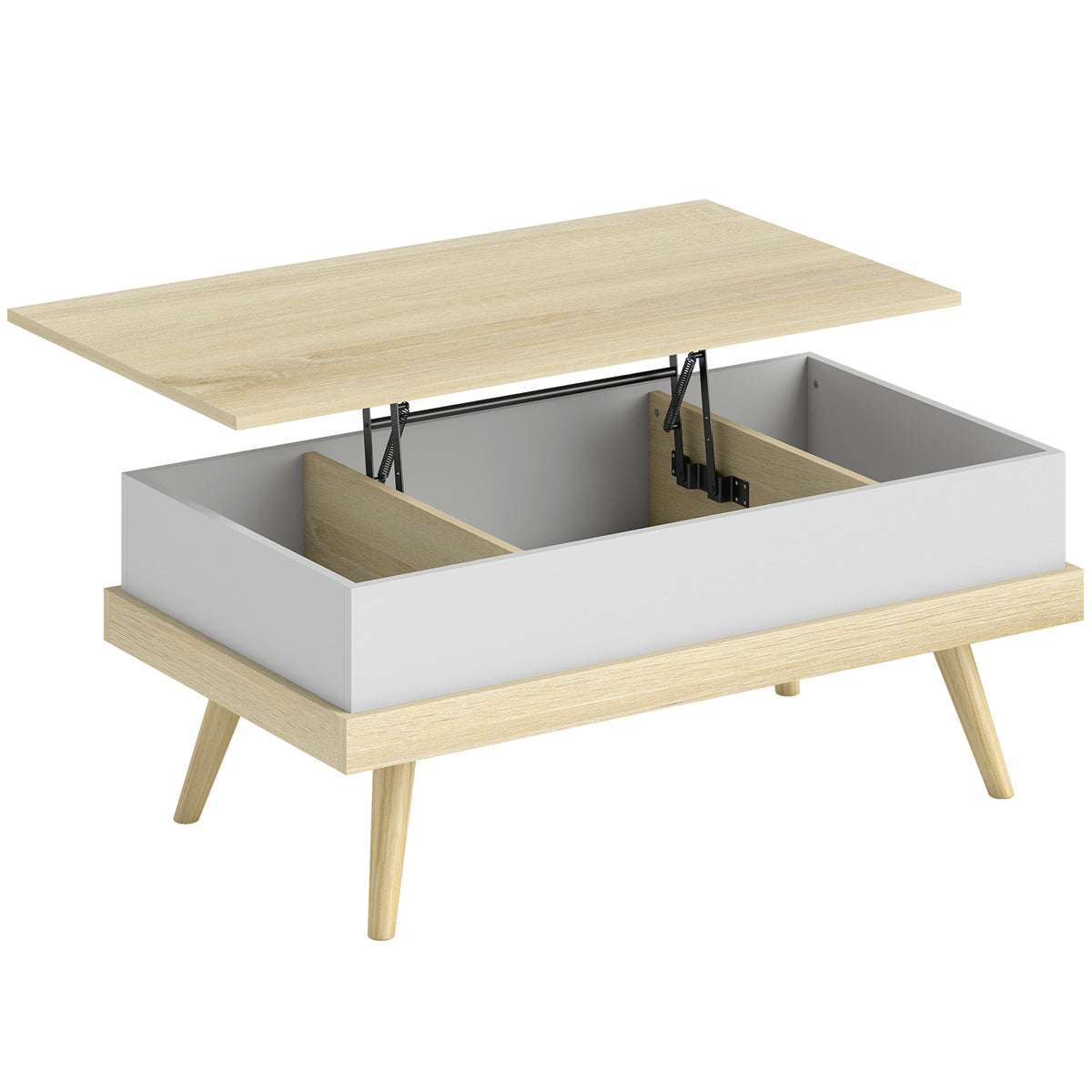 Table basse relevable avec 3 compartiments cachés, naturel et blanc