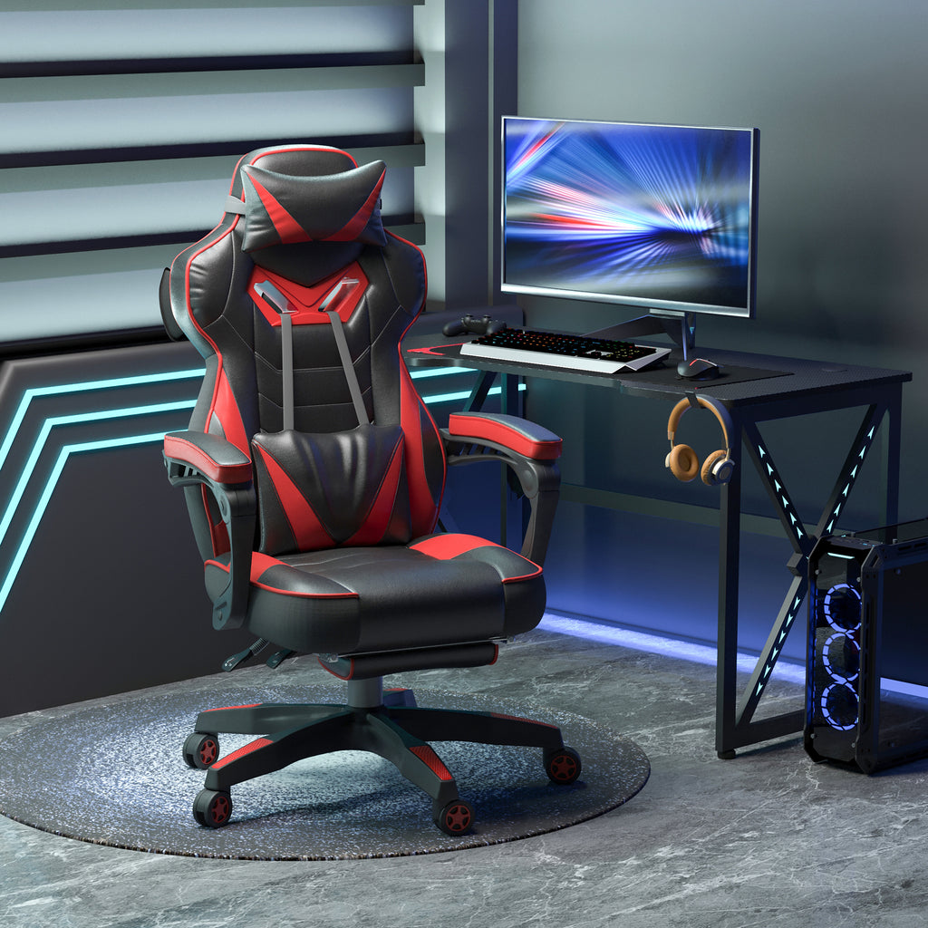 Chaise gaming ergonomique noir et rouge, repose-pieds et coussins inclus