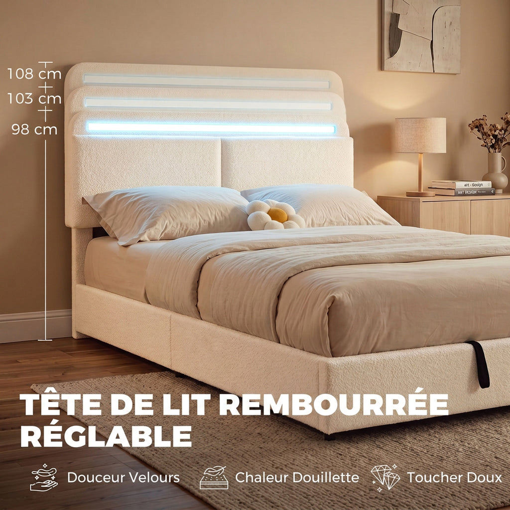 Lit coffre 140 x 190 cm en velours crème, LED RGB et rangement